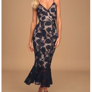 Navy Blue Floral Mesh Lace Dress